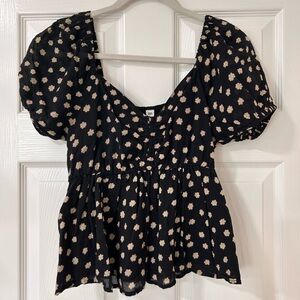 BP Nordstrom Babydoll Black Floral Puff Sleeve Blouse